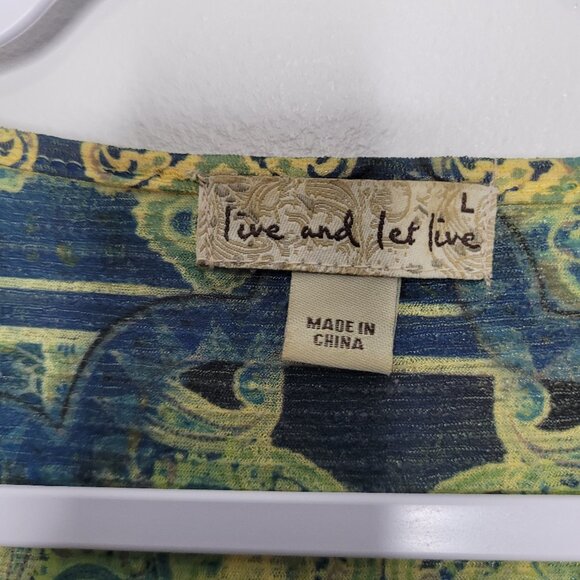 Live and Let Live yellow blue grunge boho art to wear 3/4 sleeve top size large - Picture 4 of 7